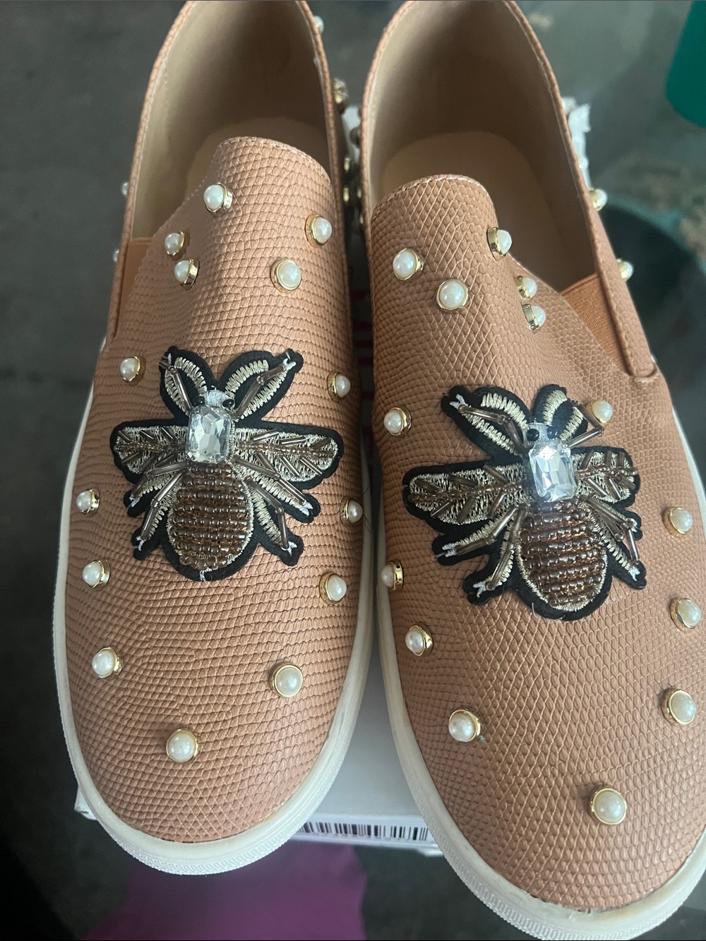 Olivia Miller Tan Slip-On Mules with Pearl Studs & Bee Appliqués